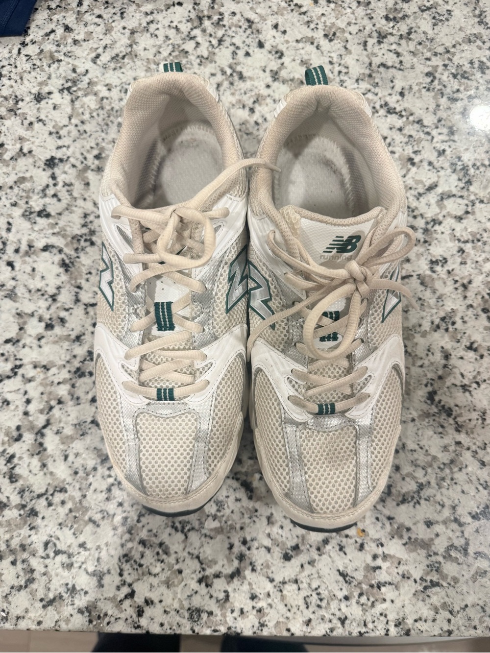 New Balance Kids Beige Mesh Sneakers with Green Logo Stripes